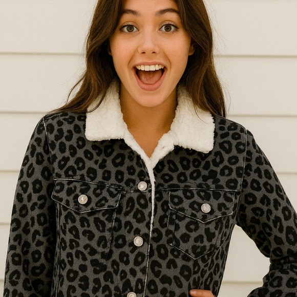 DISNEY Mickey Mouse leopard print grey black Sherpa shacket jacket crop coat S - Picture 10 of 17